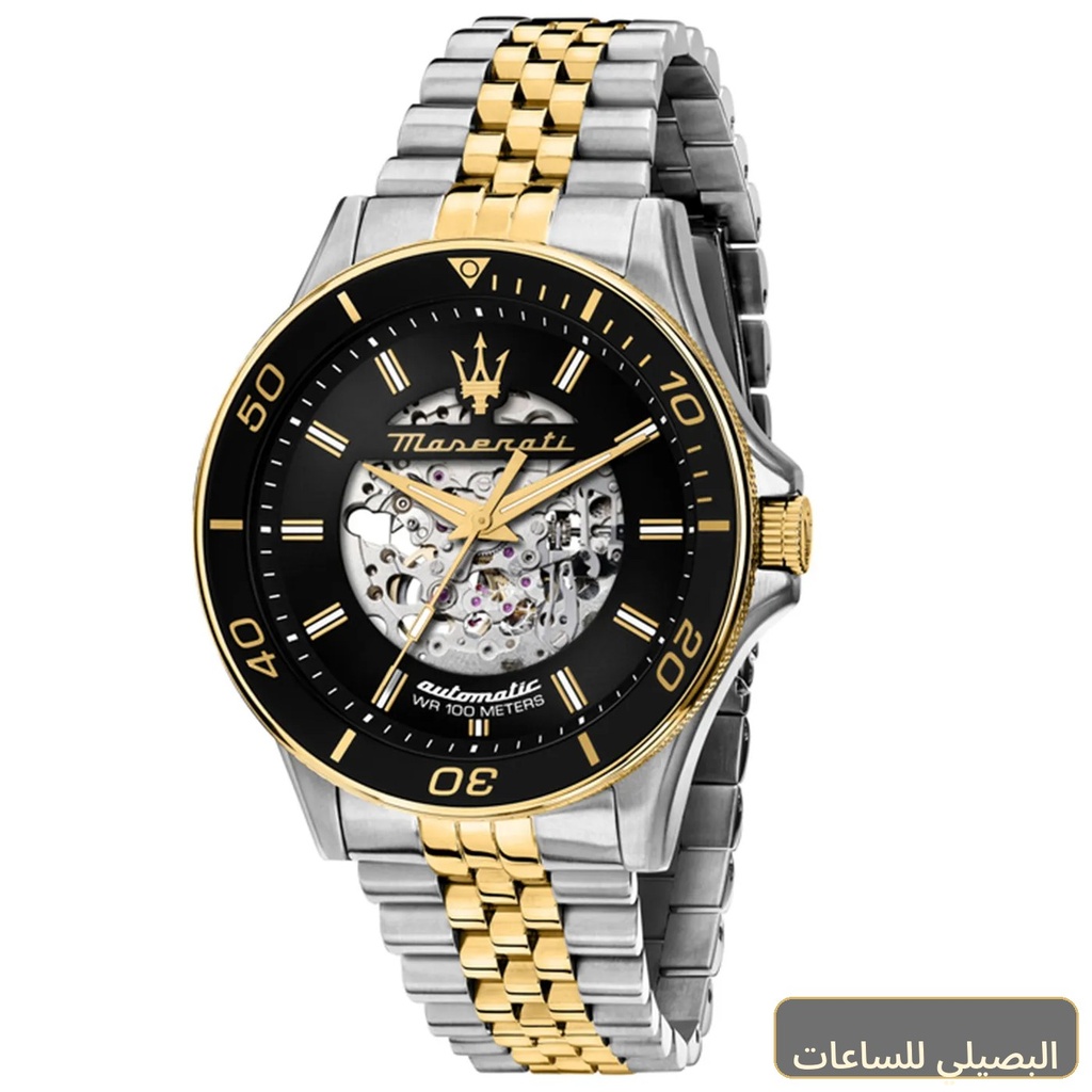 ساعة مازيراتي أوتوماتيك رجالي R8823140010 بمينا أسود وسوار فضي في ذهبي