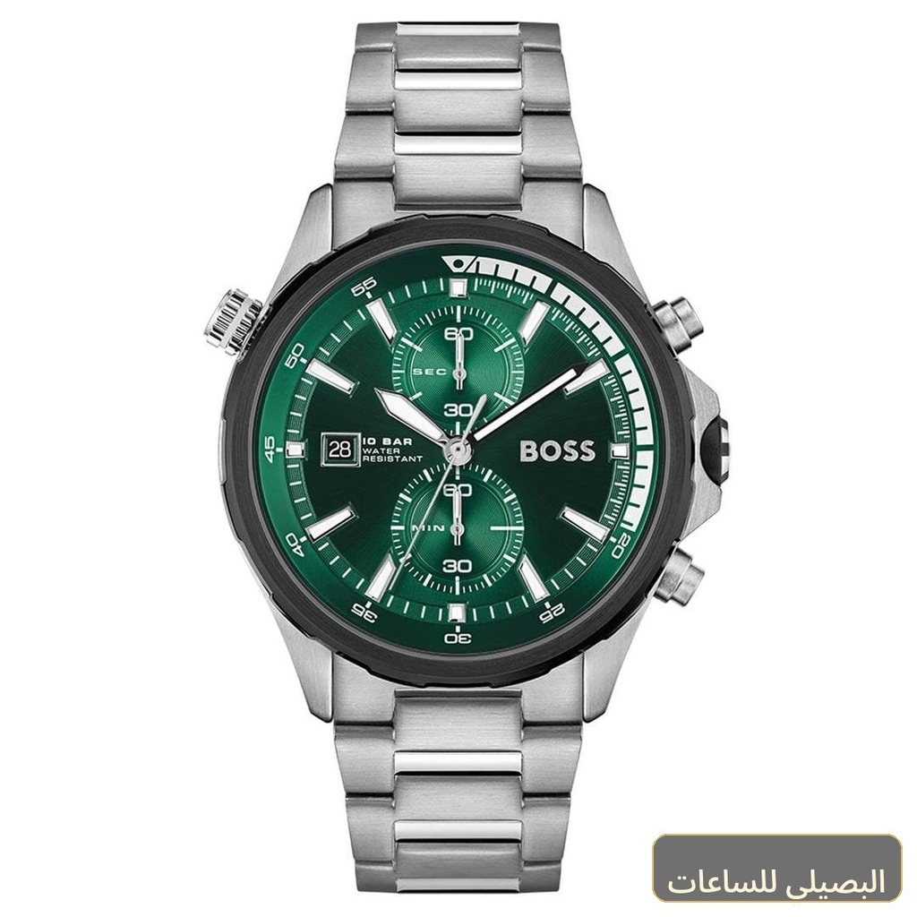 ساعة هوجو بوس جلوبتروتر للرجال 1513930 بميناء أخضر وسوار فضي