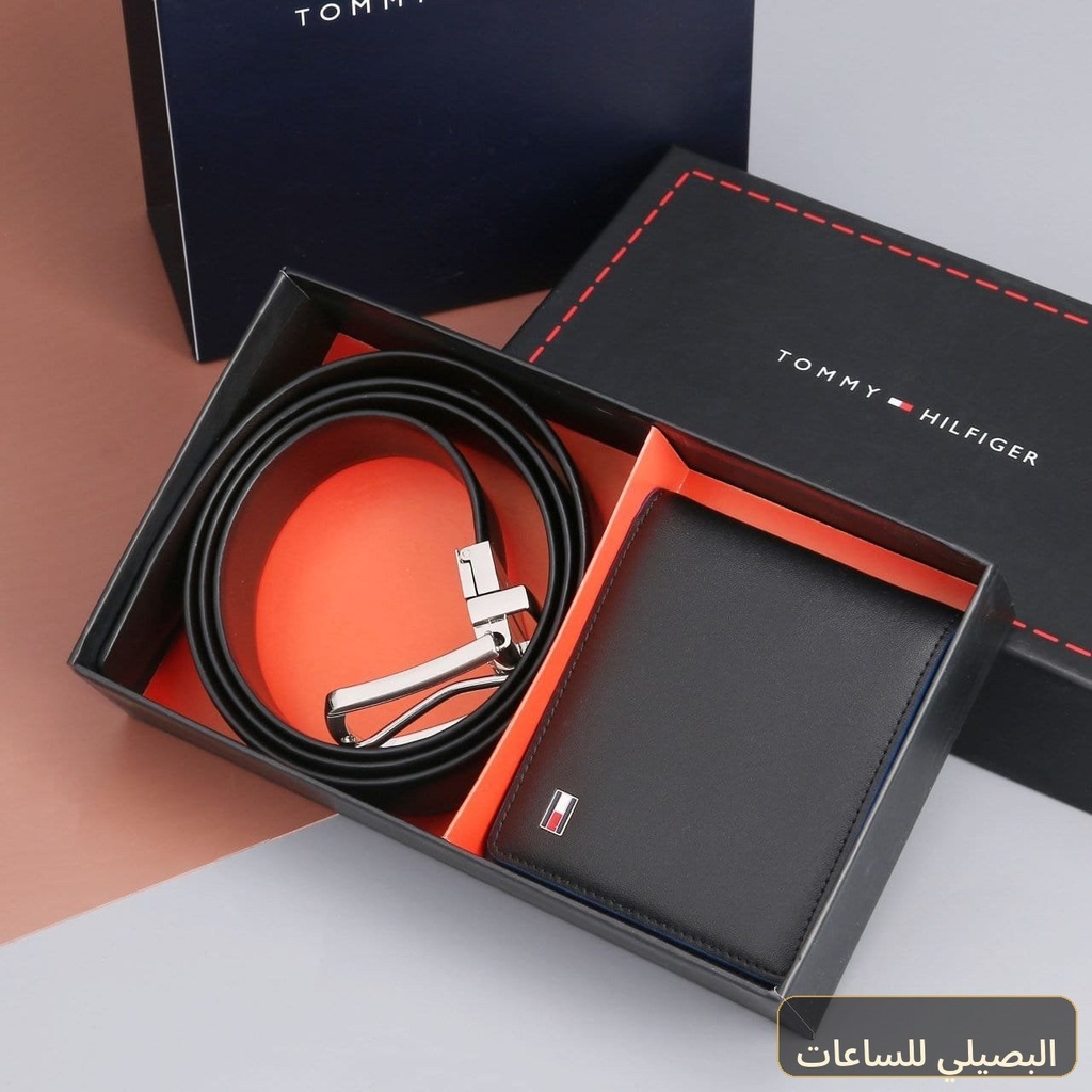 [44784] طقم تومي هيلفيغر محفظة وحزام جلد رجالي أنيق