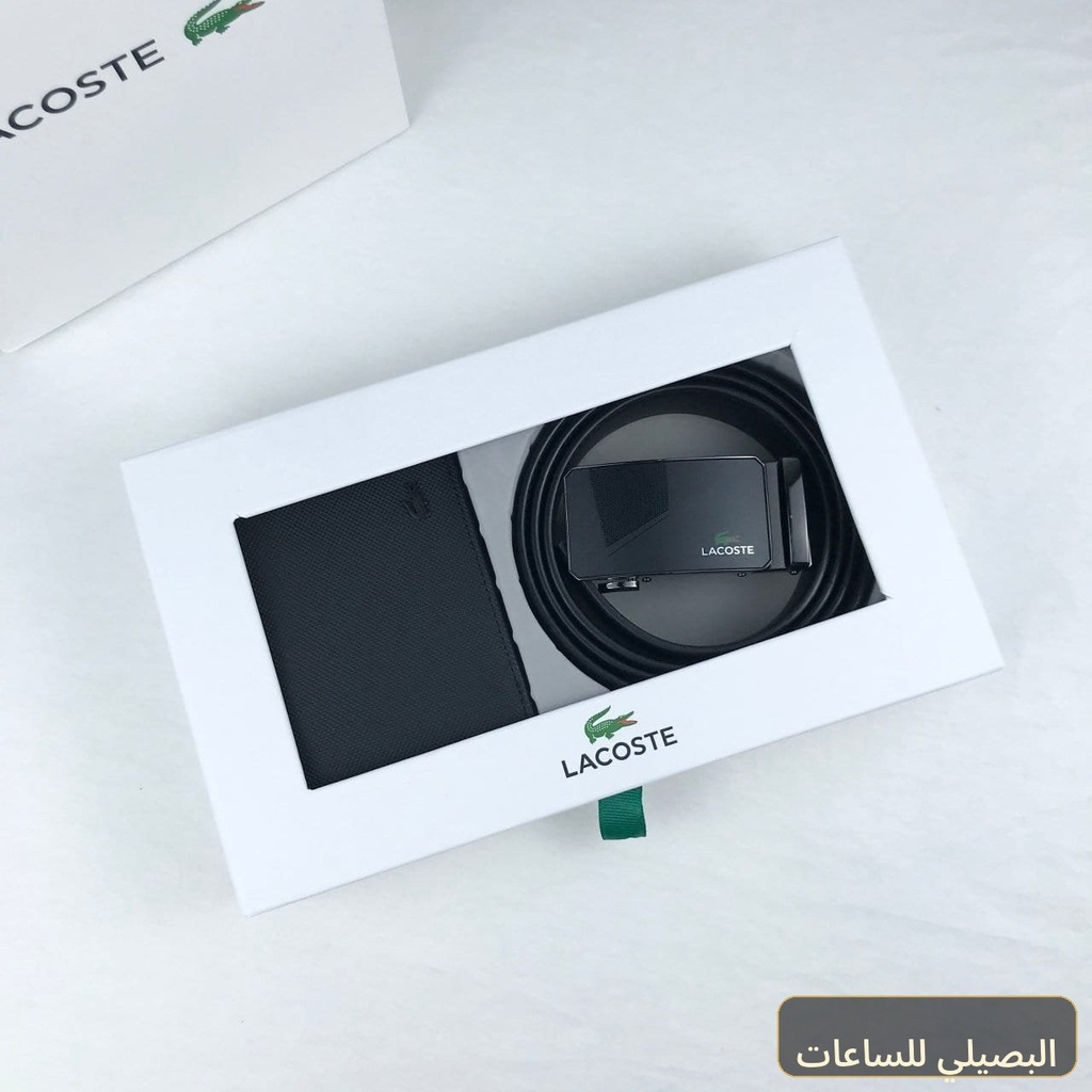 طقم محفظة وحزام لاكوست جلد طبيعي اسود