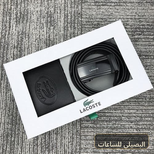 طقم محفظة وحزام لاكوست رجالي جلد طبيعي أسود