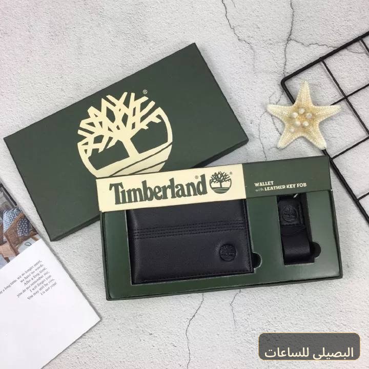 طقم محفظة وميدالية تمبرلاند من الجلد الطبيعي الأسود