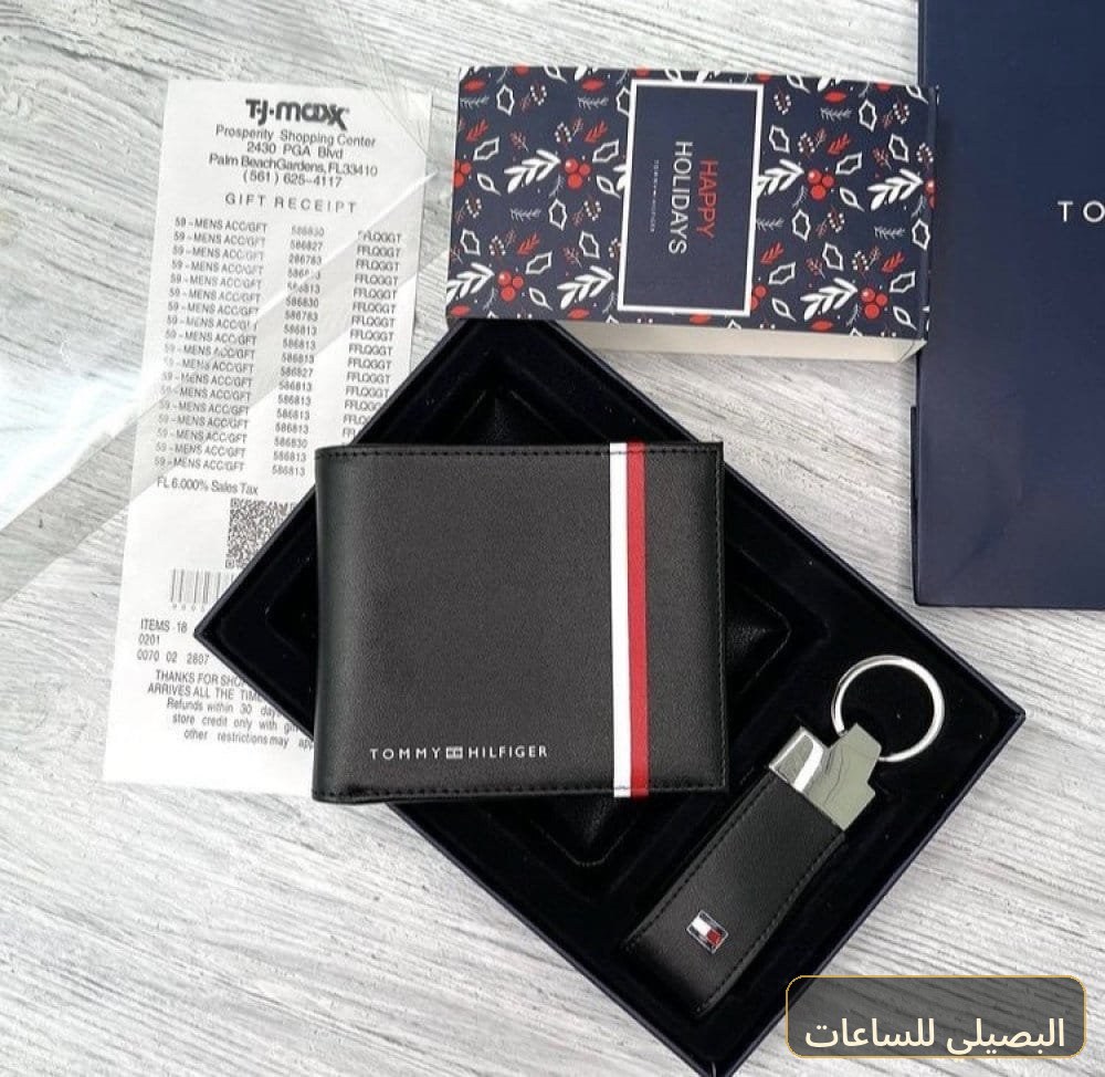 طقم محفظة وميدالية تومي هيلفيغر رجالي جلد طبيعي أسود