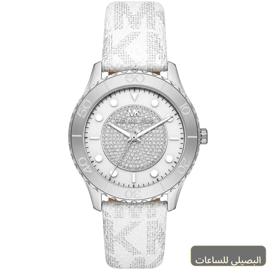 ساعة مايكل كورس رنواي للنساء بسير ومينا باللون الأبيض MK6998