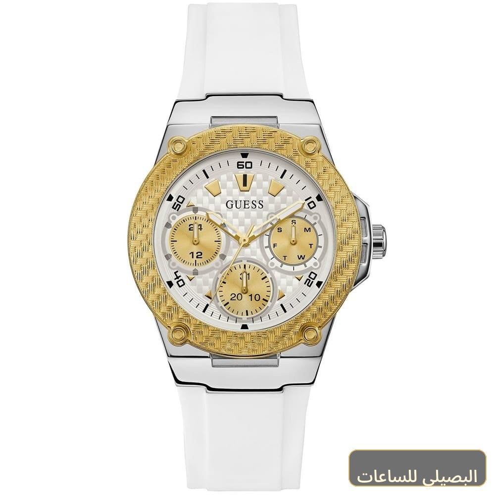 ساعة جيس زينا للسيدات W1094L1 بسوار مطاطي أبيض وإطار ذهبي