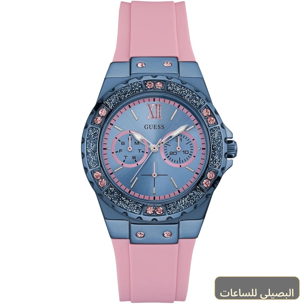 ساعة جيس لايم لايت للنساء W0775L5 بسوار مطاطي وردي وإطار أزرق