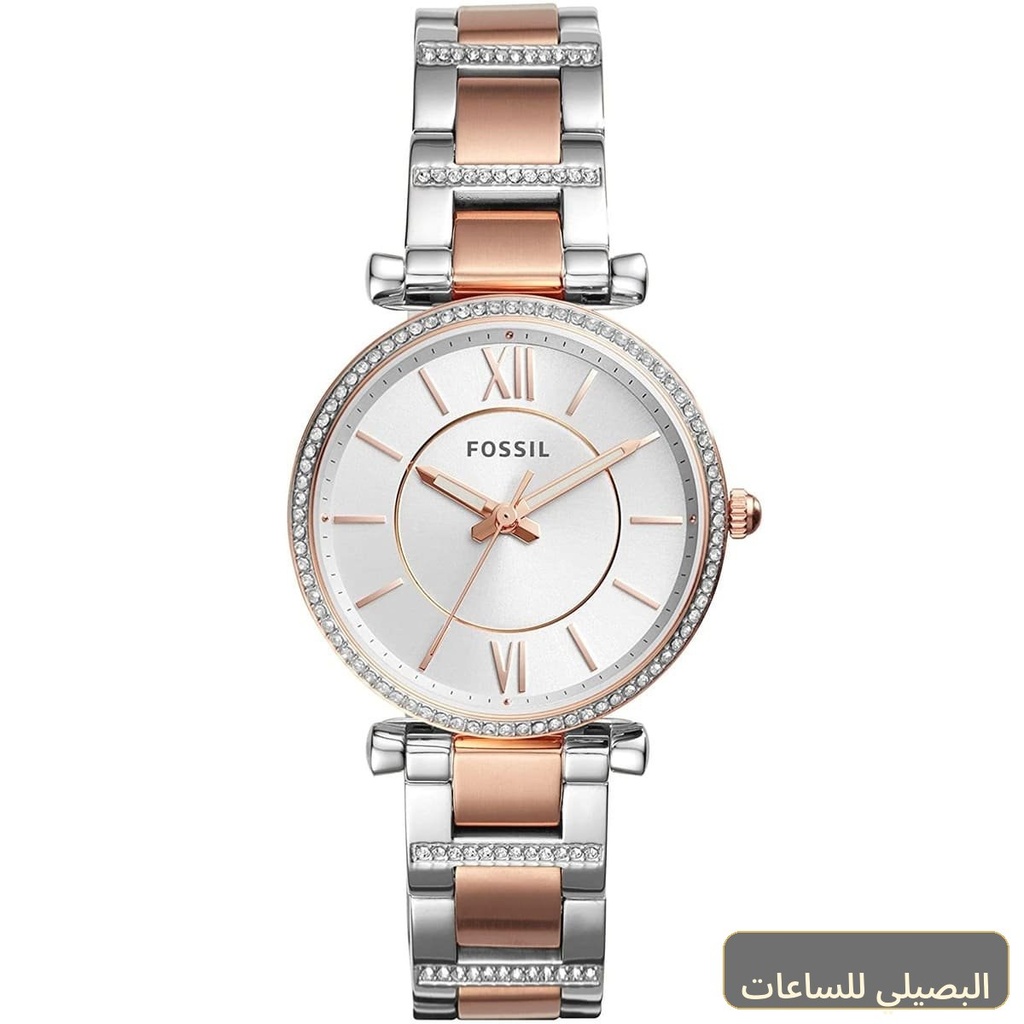 [ES4342] ساعة فوسيل كارلي للنساء ES4342 بسوار ستانلس ستيل فضي ونحاسي