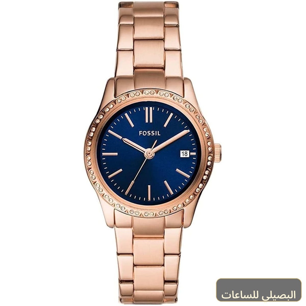 ساعة فوسيل أدالين BQ3563 للنساء بسوار معدني نحاسي ومينا أزرق