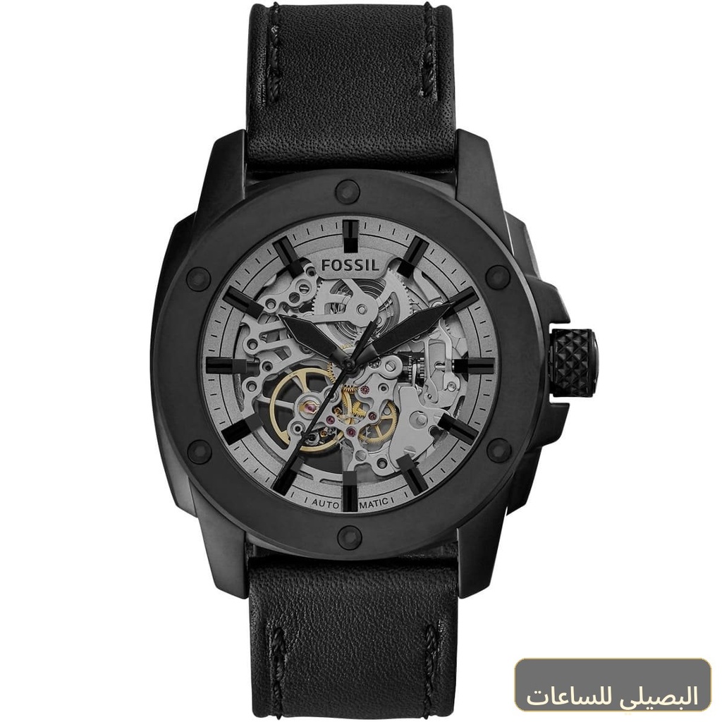 [me3134] ساعة فوسيل رجالي مودرن ماشين أوتوماتيك رمادي بسير جلد أسود ME3134