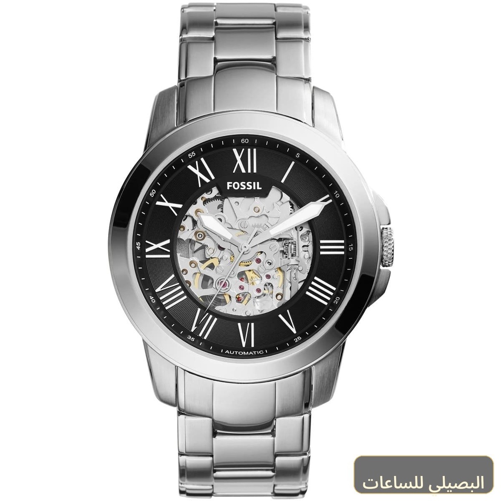 ساعة فوسيل جرانت رجالي أوتوماتيك بسوار معدني فضي ومينا أسود ME3103