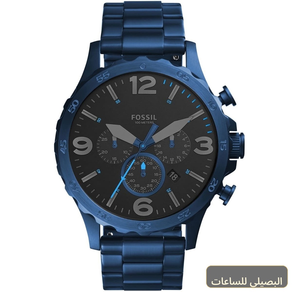 [jr1530] ساعة فوسيل نايت رجالي بسوار ستانلس ستيل أزرق ومينا أسود