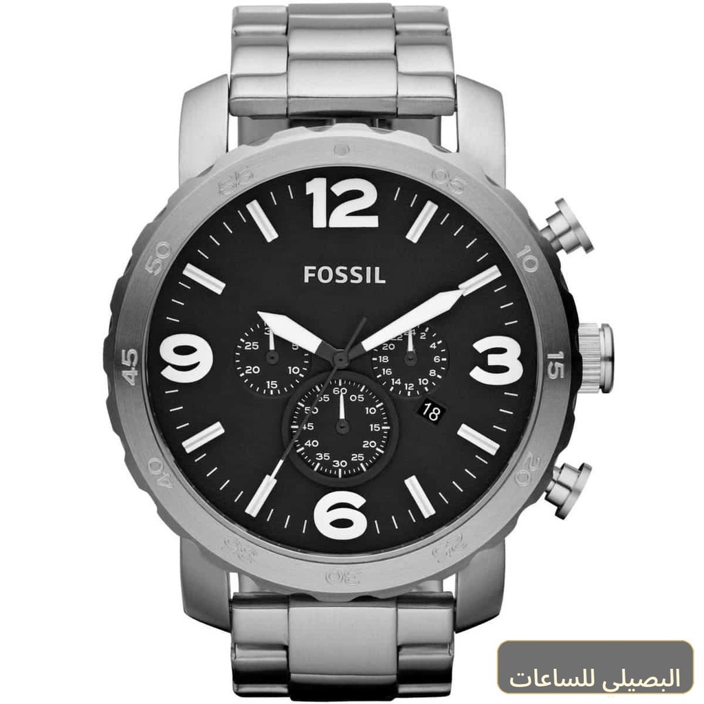 ساعة فوسيل نايت رجالي ستانلس ستيل بمينا أسود وسوار فضي