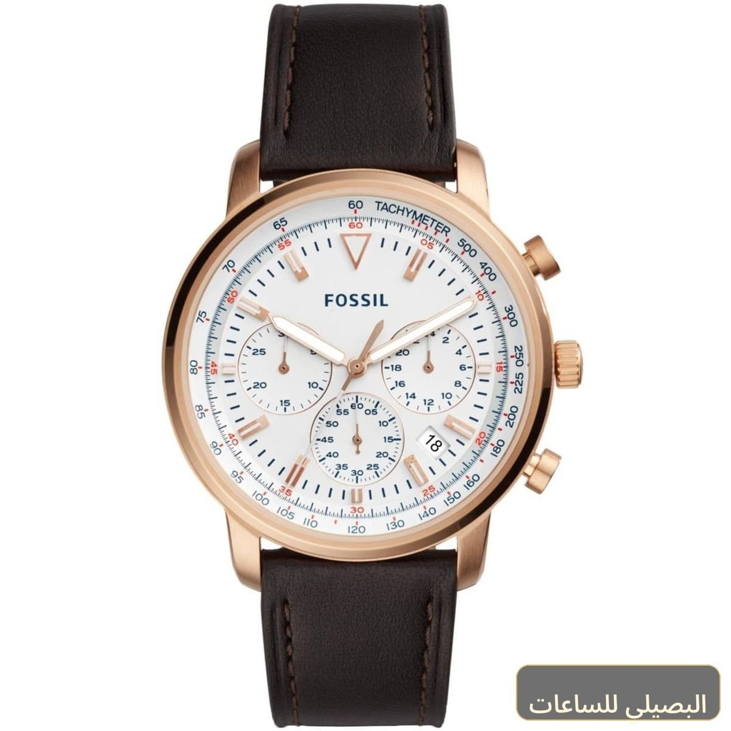 ساعة فوسيل جودوين رجالي بسوار جلد بني ومينا أبيض