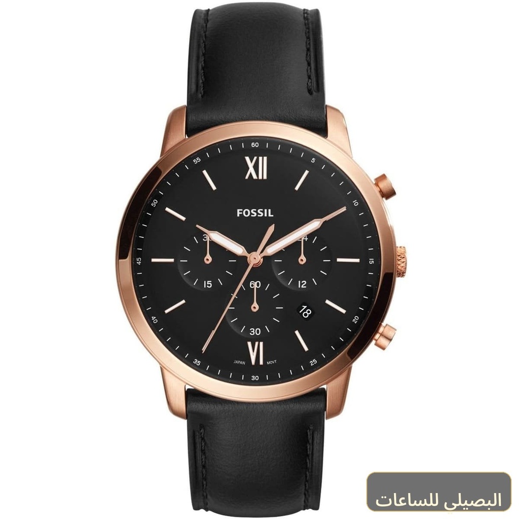 ساعة فوسيل نيوترا رجالي بسير جلد أسود ومينا أسود