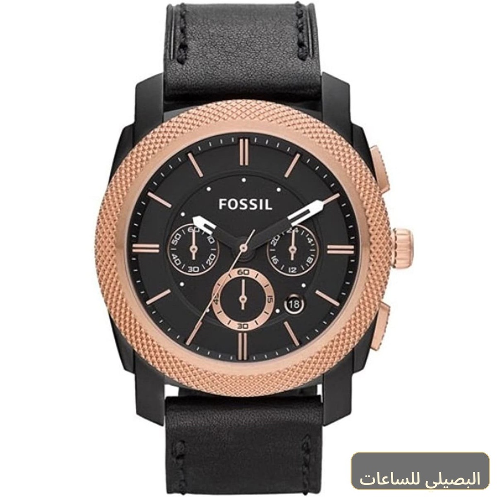 ساعة فوسيل ماشين رجالي بسير جلد أسود ومينا أسود FS4715