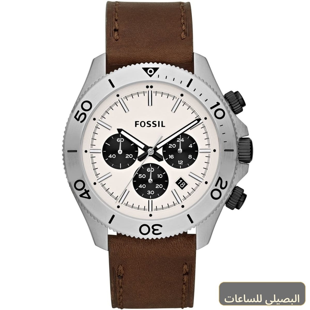 ساعة فوسيل ريترو ترافلر رجالي بمينا أبيض وسير جلد بني