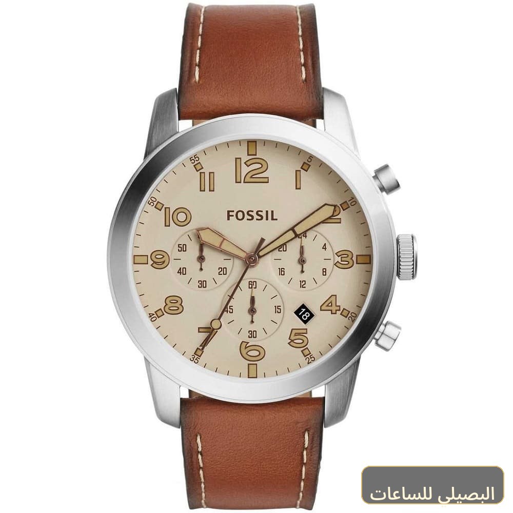 [fs5144] ساعة فوسيل بايلوت 54 رجالي بمينا أبيض وسير جلد بني FS5144