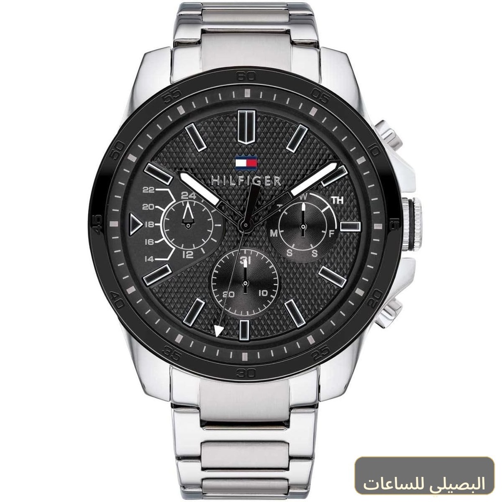 ساعة تومي هيلفيغر ديكر للرجال بمينا أسود وسوار فضي ستانلس ستيل 1791564