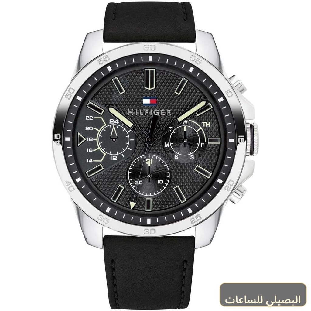 [1791563] ساعة تومي هيلفيغر ديكر للرجال بمينا أسود وسير جلد طبيعي 1791563