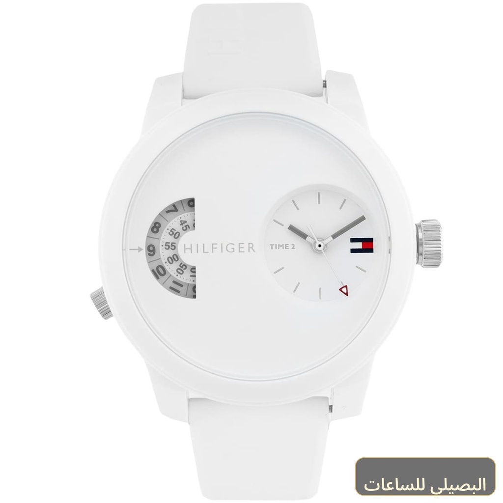 ساعة تومي هيلفيغر رجالي دنيم 1791558 بمينا وسير مطاط باللون الأبيض