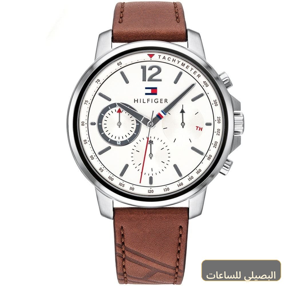 [1791531] ساعة تومي هيلفيغر لاندن رجالي بمينا أبيض وسير جلد بني 1791531