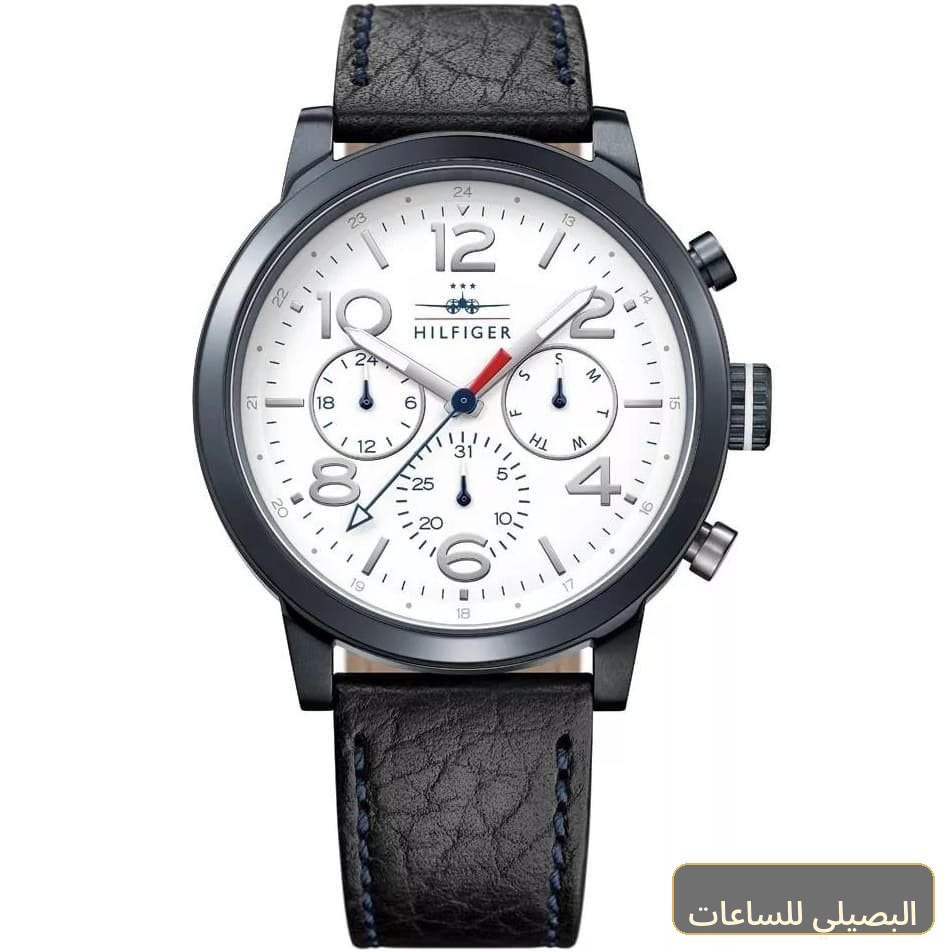 [1791235] ساعة تومي هيلفيغر جايك 1791235 للرجال بمينا أبيض وسير جلد أسود