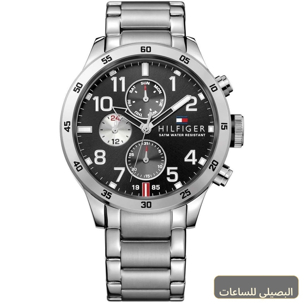 [1791141] ساعة تومي هيلفيغر ترينت للرجال 1791141 بسوار فضي ومينا أسود