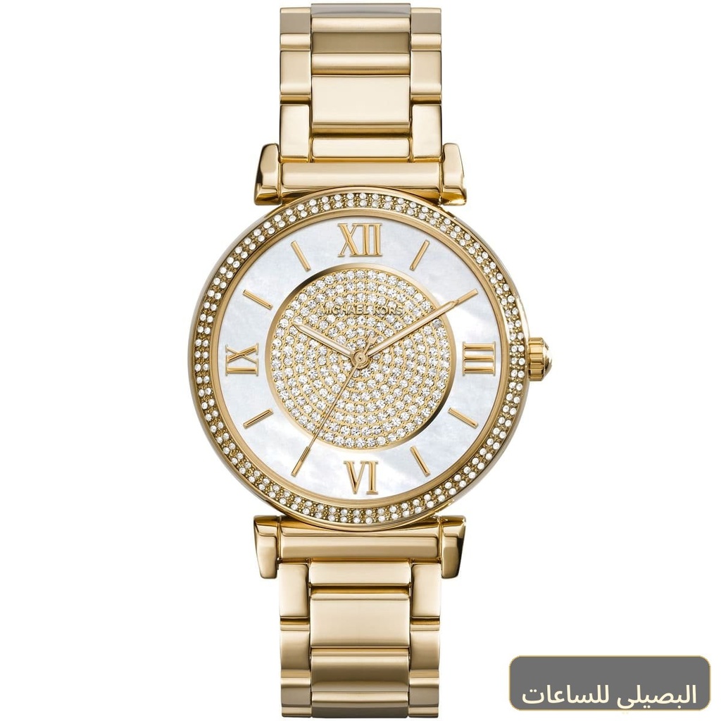 [MK3332] ساعة مايكل كورس كاتلين للنساء بسوار ذهبي وميناء أبيض MK3332