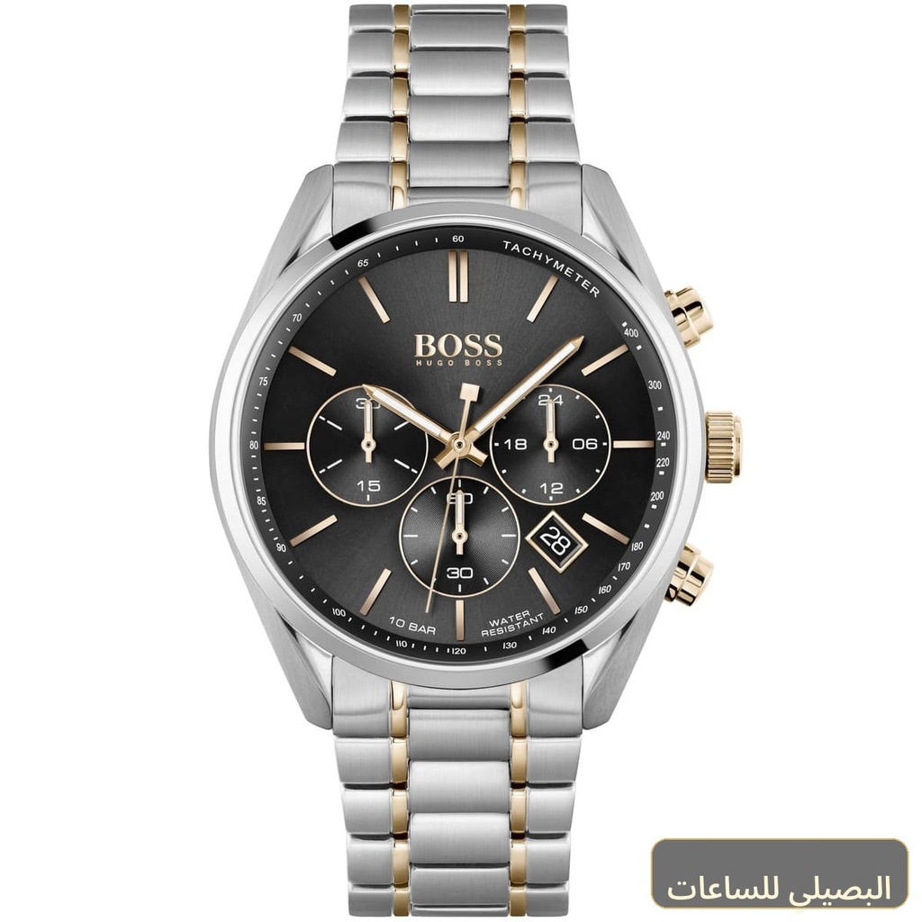 ساعة هوجو بوس شامبيون للرجال 1513819 بمينا أسود وسير فضي ونحاسي