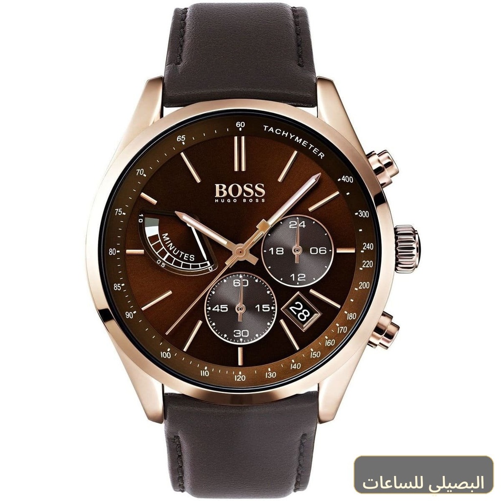 ساعة هوغو بوس جراند بركس للرجال بسوار جلدي بني ومينا بني