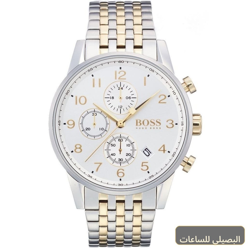 [1513499] ساعة هوغو بوس نافيجيتور للرجال بسوار فضي وذهبي ومينا أبيض 1513499