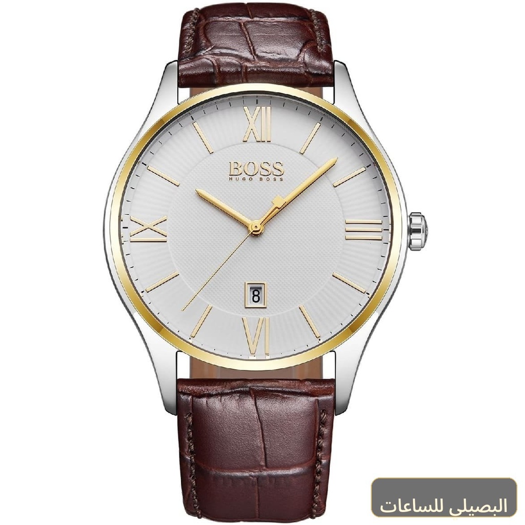 [1513486] ساعة هوغو بوس جوفرنر للرجال بحزام جلدي بني ومينا أبيض 1513486
