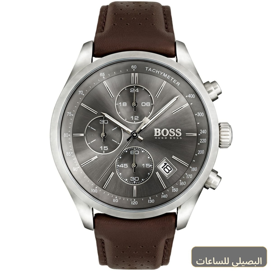 ساعة هوجو بوس جراند بركس رجالي بسوار جلدي بني ومينا رمادي 1513476
