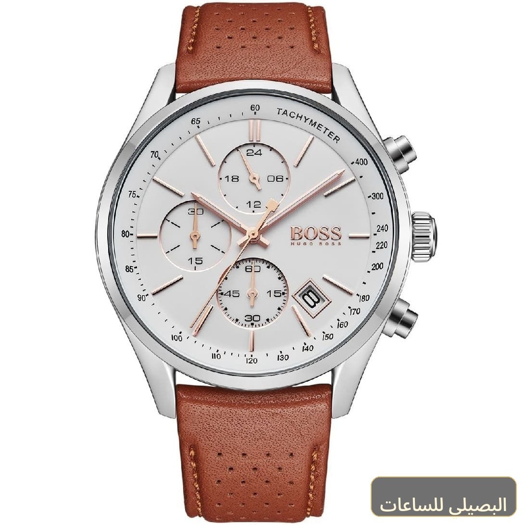 [1513475] ساعة هوجو بوس جراند بركس رجالي بسير جلد بني ومينا أبيض 1513475