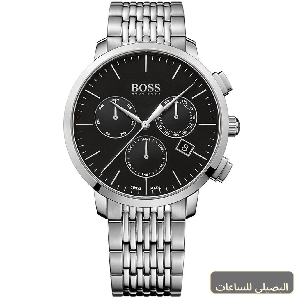 [1513267] ساعة هوغو بوس سويس ميد سليم للرجال بسوار فضي ومينا أسود 1513267
