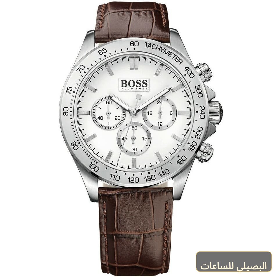 ساعة هوغو بوس ايكون رجالي بحزام جلدي بني ومينا أبيض 1513175