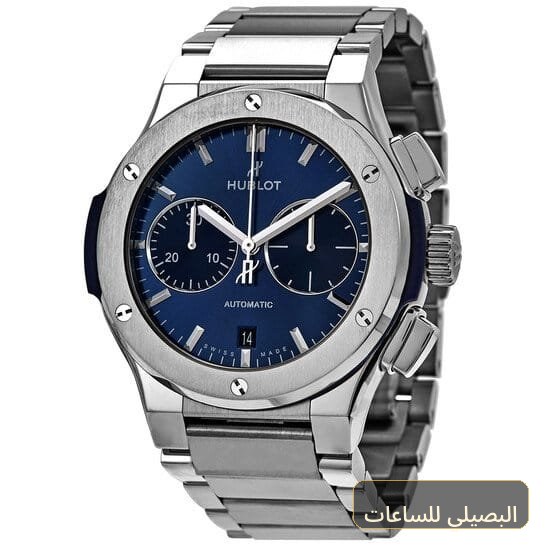ساعه من Hublot تعمل بعدادات بلون ازرق وسير فضي من المعدن