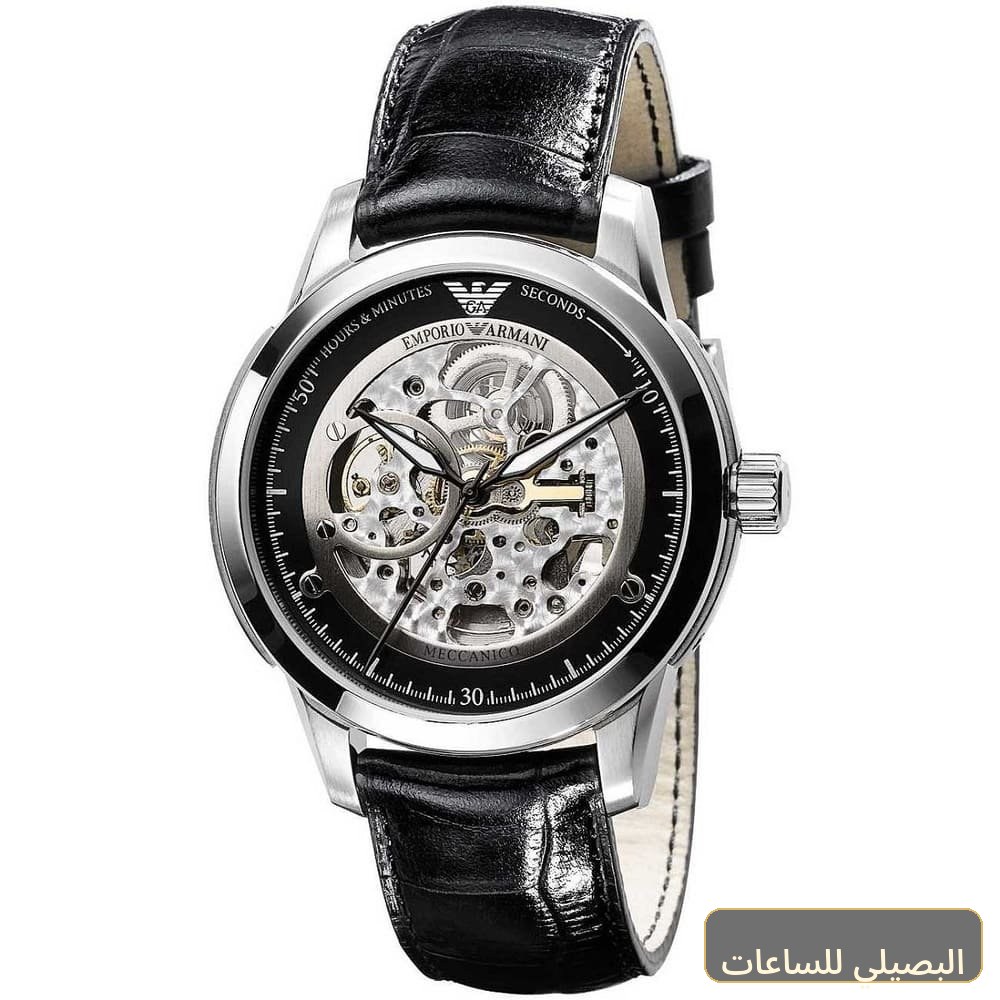 ساعة امبوريو ارماني ميكانيكو أوتوماتيك للرجال بمينا أسود وسير جلد AR4625