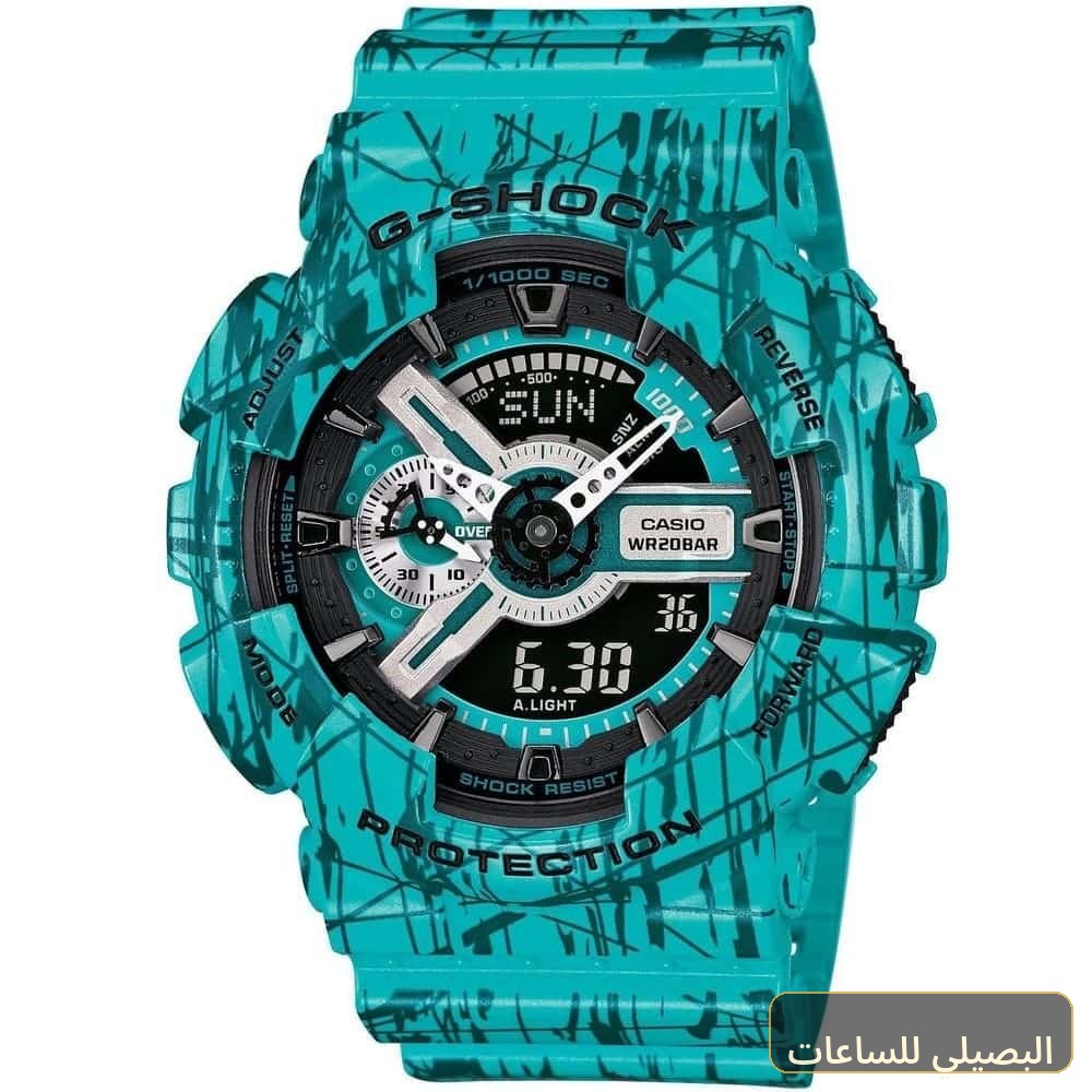 [2b96dadcfcd4] ساعة كاسيو جي شوك للرجال GA-110SL-3A بلون أزرق مائي وسير راتنج ونظام عرض نظري ورقمي