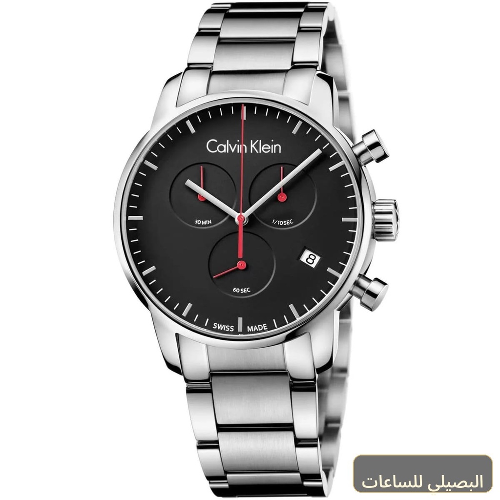 ساعة كالفن كلاين سيتي للرجال بسوار فضي ومينا أسود K2G27141