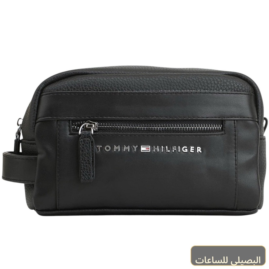 شنطة يد تومي هيلفيغر رجالي من الجلد الأسود الحبيبي