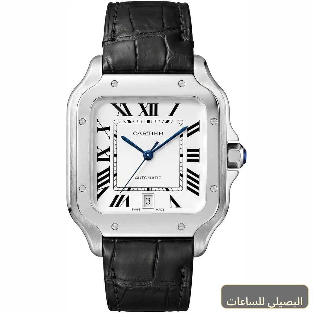 [2434] ساعة كارتييه رجالي بميناء أبيض وسير جلد أسود